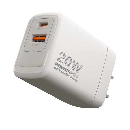 [PW5062WT] Cargador de Pared Unno Tekno PowerPro Dual USB-A  USB-C 20W​​ Blanco