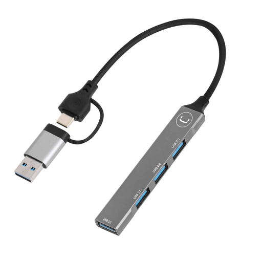 [HB1014SV] Hub 2 en 1 Unno Tekno 4 Puertos USB + USB-C Gris